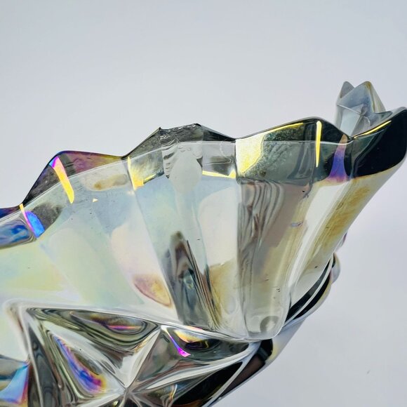Vintage Carnival Glass Fruit Bowl Iridescent Clear Gray Scalloped Diamond Rim - Picture 4 of 10